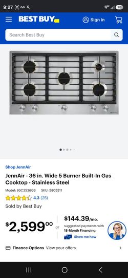 JennAir-36 in. Wide 5 Burner Built-In Gas Cooktop-Stainless Steel