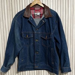 Malboro Country Leather Chore Jacket Denim Jean Lined Vintage Western Size Large 