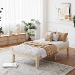 Giantex 14 Inch Twin Wood Platform Bed Frame, Minimalist Style Mattress Foundation with Solid Rubber Wood, Heavy Duty Slat Support, Without Headboard,