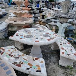 Concrete Stone Mosaic Picnic Table with 3 Benches/ Outdoor Patio Furniture