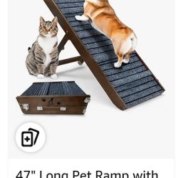 47" Long Pet Ramp with 5 Adjustable Incline Levels; Foldable Dog/Cat Ramp for Bed, Couch or Car; for Cats, Small, Elderly Dogs; Carpeted Surface Raise