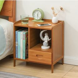 Bamboo Bedside Cabinet Storage Shelf Nightstand - with Magazine Compartment - Single Drawer