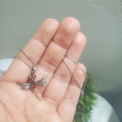 Sterling Silver Dragonfly Necklace With Real Amber
