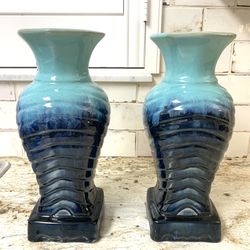 Beautiful pair of candle holders Teal & Navy 12” tall, 5.5” widest point, 4.5” base