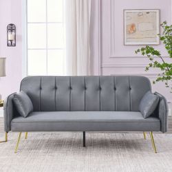 NEW 72.5 Inch Loveseat Sofa, Convertible Sofa Bed with Adjustable Backrest,Velvet Lounge Chair 2 Seater Couch with Side Pockets & 2 Pillows for