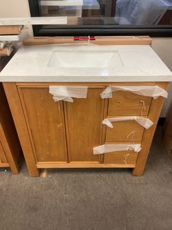 36” Brown Wood Bathroom Vanity with Engineered Marble Top (S14)