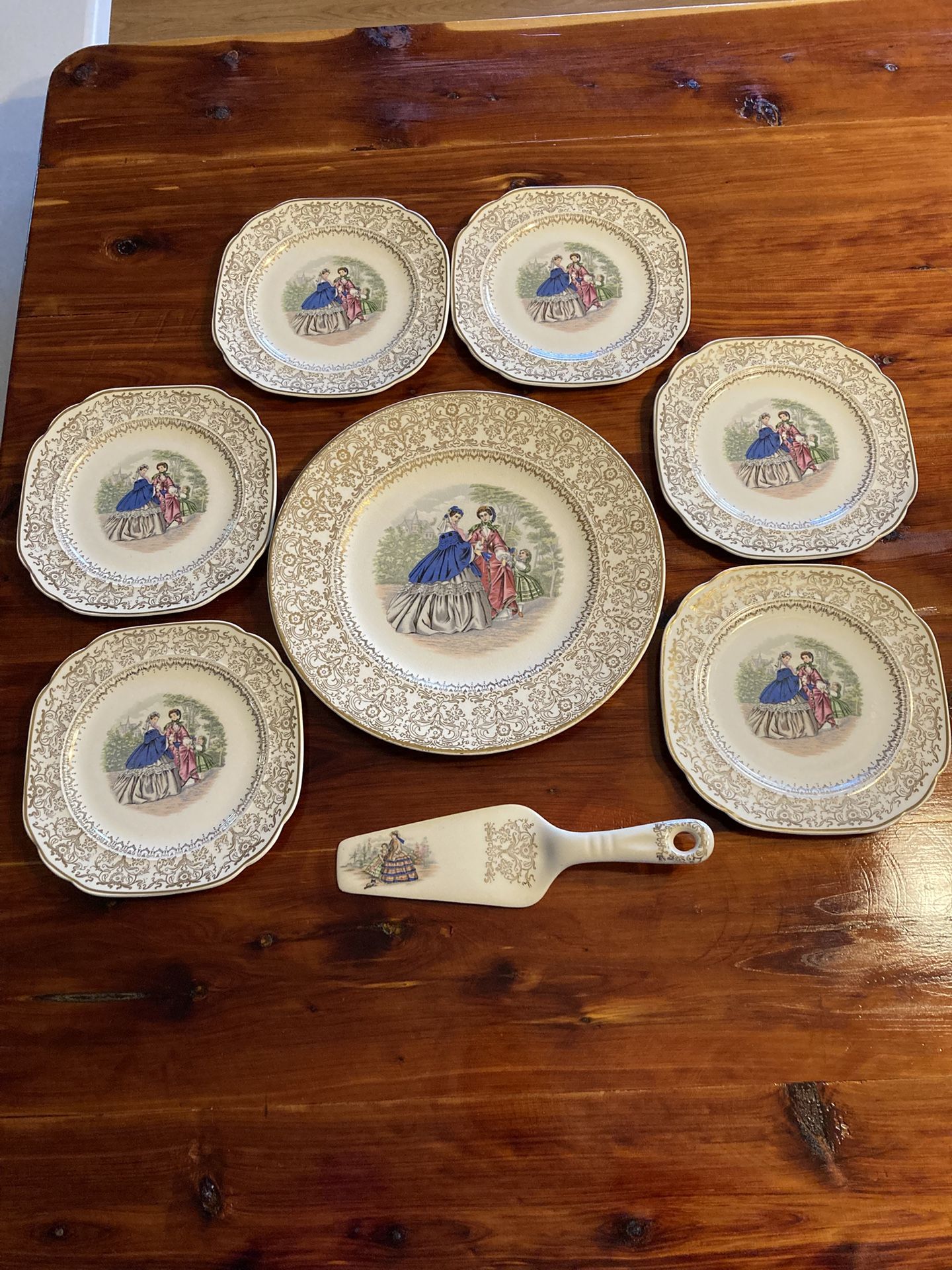 Salem 23k Gold Victorian Ladies Serving Platter, 6 Plates And Pie Server
