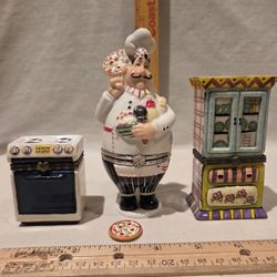 Hinged Trinket Boxes Porcelain, Lot Of 3,chef,hutch And Stove/oven 