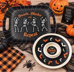 Halloween Gothic Serving Tray & Bat Snack Platter 2-Piece Bamboo Set 18" & 13"