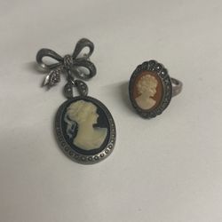 Oval Vintage Cameo Brooch And Ring 