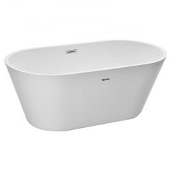 Acrylic Freestanding Bathtub, 59 Inch Contemporary Soaking White Tub with Brushed Nickel Overflow and Drain, Elegant Oval Shape Stand Alone Soaker Tub