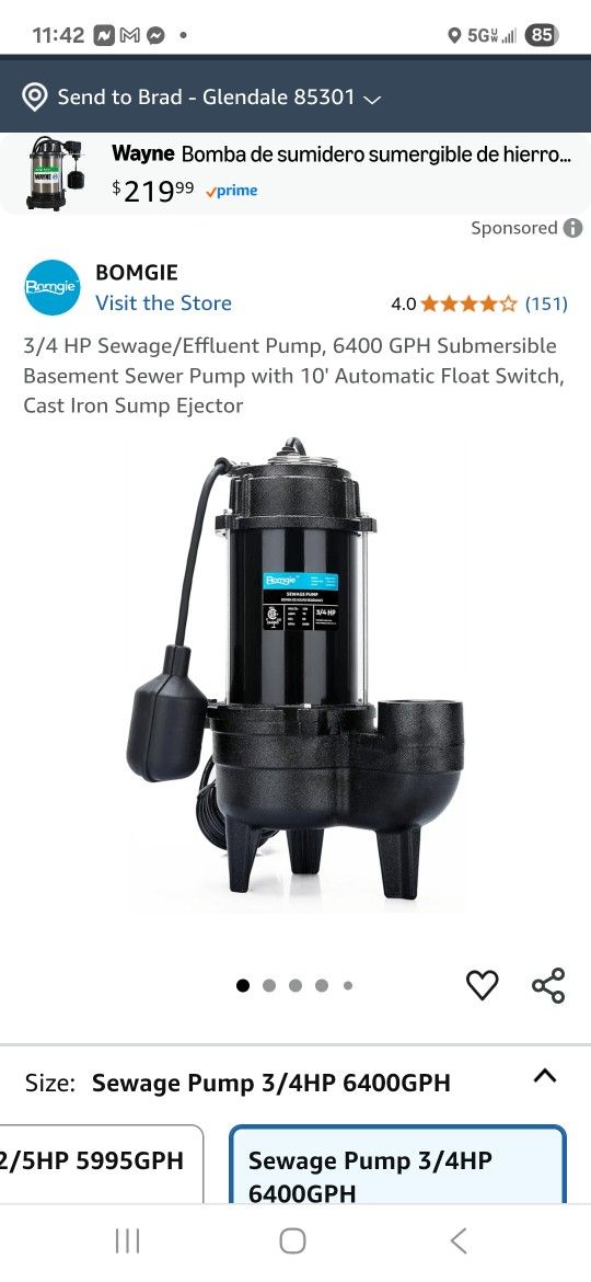 Bomgie 3/4 Hp. Submersible Sewage Pump MSRP $170