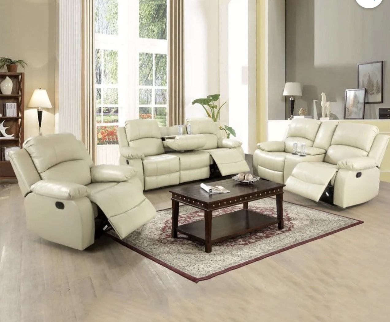Beige Cream Leather Fully Reclining Three Piece Couch Set