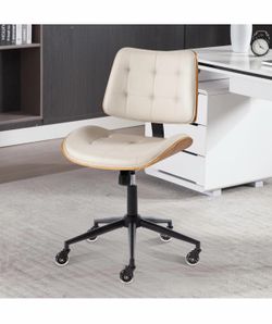 Home Office Desk Chair with Wheels, Adjustable Height Armless Office Chair, PU Leather Mid Back 360° Small Computer Chair, Modern Walnut Chair No Arms