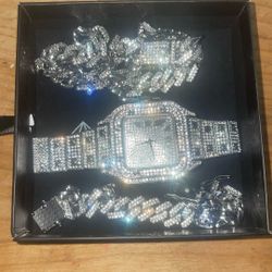 Cubic Zirconia Gem Watch, Necklace, And Bracelet