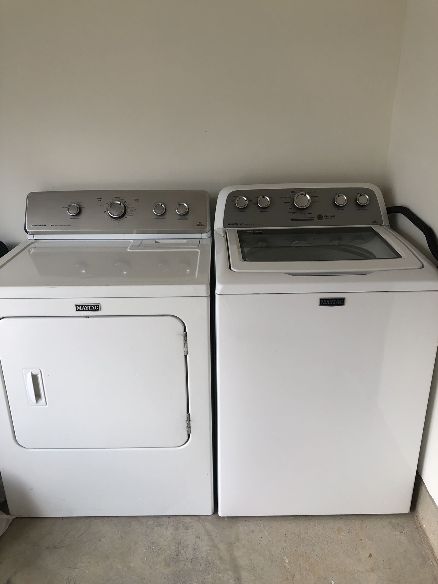Maytag HE washer & dryer set fits king comforters & larger loads comfortably, dryer very hot. Works excellent!!!