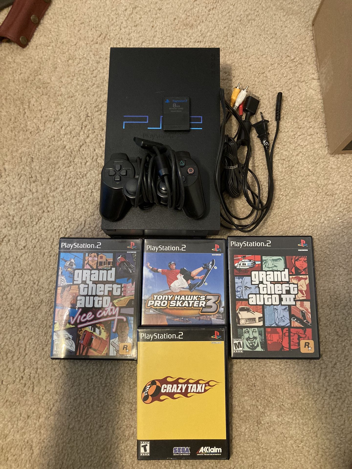 PS2 Bundle Console, Controller, Games, Wires, And Memory Card