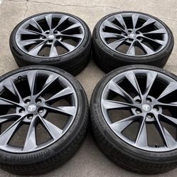 21” Tesla Model S Twin Turbine Sonic Carbon Grey Wheels Rims Continental Tires OEM 