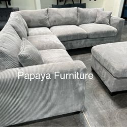 New! Plush Sectional Sofa And Ottoman, Corduroy Sectional, Sofa, Couch, Grey Sectional, Gray Sofa, Grey Couch, Soft Plush Sectional, L-Shaped Couch  D