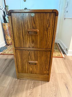 Heavy oak wood two drawer file cabinet