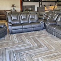 Gray Manual Recline Sofa Set 