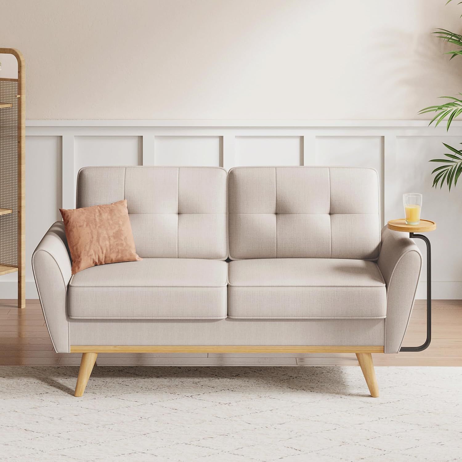 Brelice Loveseat Sofa, Mid Century Modern Decor Love Seat Couch with Solid Wood, Convertible Wooden Tray Living Room Furniture, Button Tufted Upholste