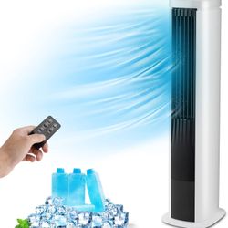 Portable Evaporative Air Cooler for Room, 40 Inch Bladeless Cooling Tower Cooler with Remote Control, 4 Ice Packs, 4 Speeds, 7H Timer,