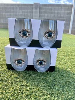 Rachel Zoe Evil Eye Stemless Wine Glasses – 2 New Boxed Sets of 2 (4 Total)