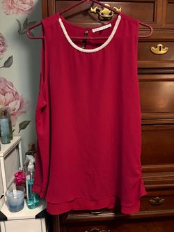 Violet + Claire Red Sleeveless Blouse with Pearl Neckline