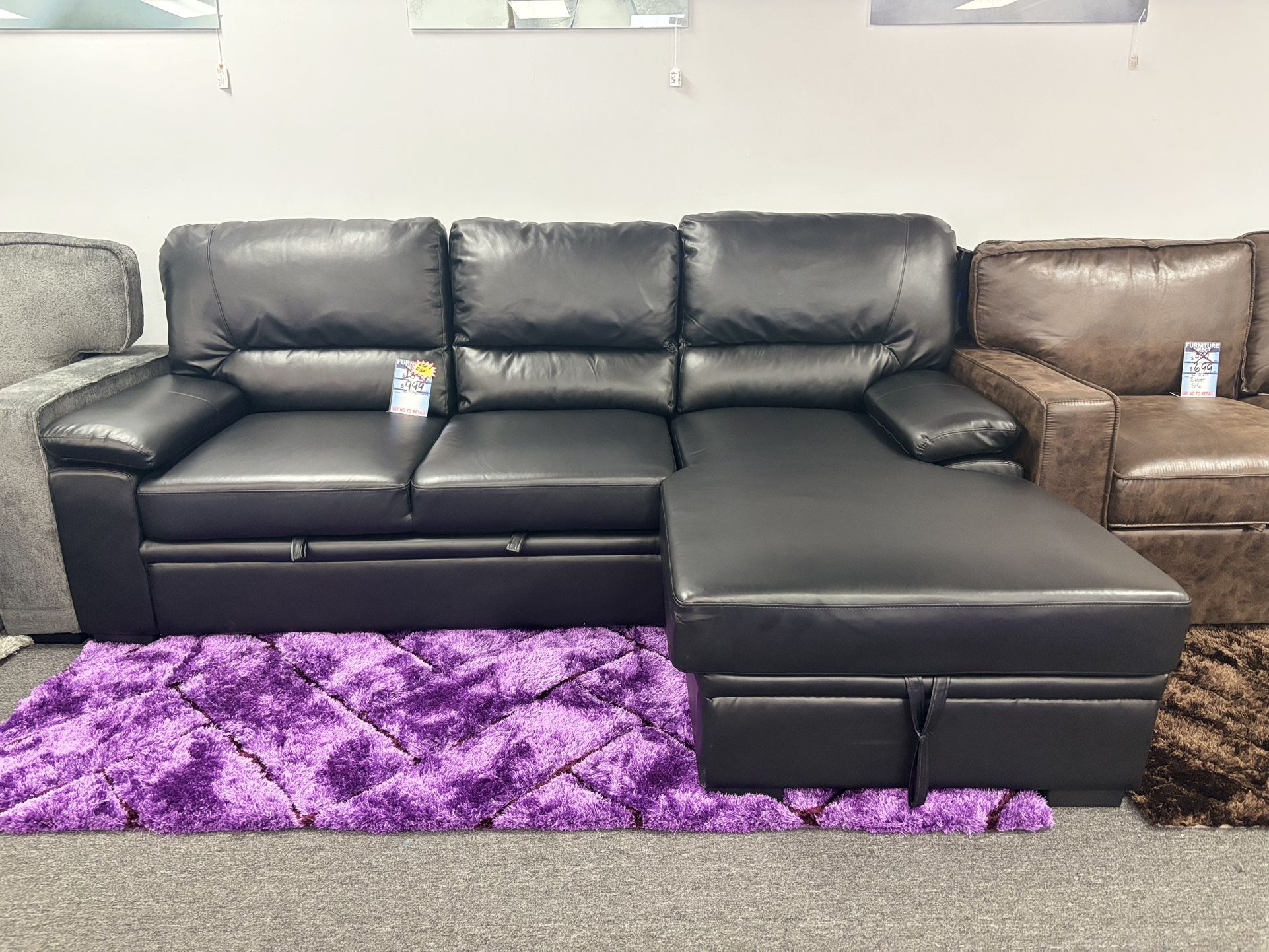 Black Gel Leather Sectional Sleeper Sofa For Sale ( Brand New & In Box) Furniture Assembly 