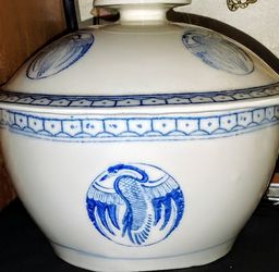 Vintage Japanese Blue & White Flying Crane Porcelain Covered Bowl/ Casserole Dish
