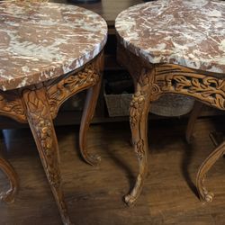 2 Antique American French Style Marble top Carved Lamp Tables
