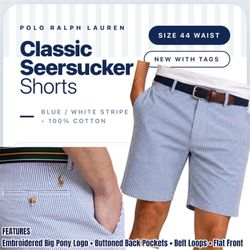 Polo Ralph Lauren Stretch Classic Fit Seersucker Shorts, 44 Waist, Blue/White Stripes