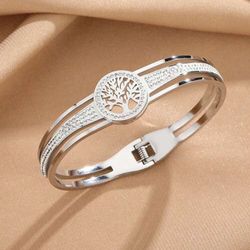 1pc Popular Stainless Steel Vacuum Plating Tree Of Life Bracelet, Simple And Versatile High-End Luxury, Exquisite And Creative, Ideal For Daily, Valen