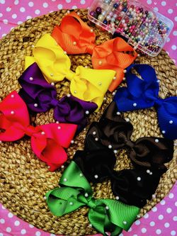 Rainbow Hair Bows with Pearls - Set of 8 Colorful Grosgrain Ribbon Bows for Girl