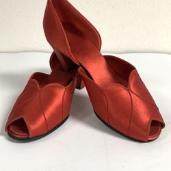 Vintage 1940's Daniel Green ~ Red Satin Boudoir Comfy Slipper Heels ~ Size US 9
