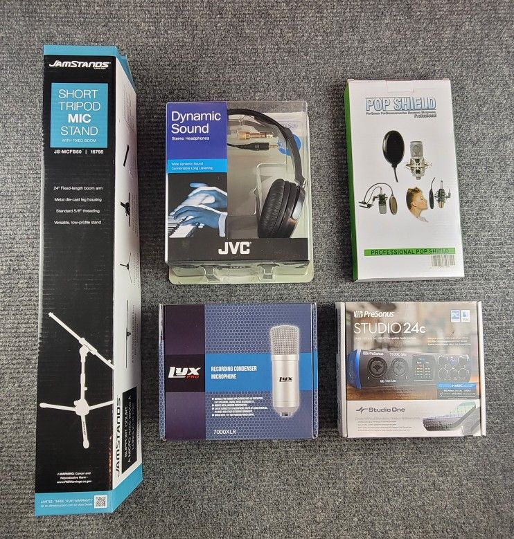PreSonus studio 24C audio interface lyx pro microphone jvc headphones tripod shield podcast setup
