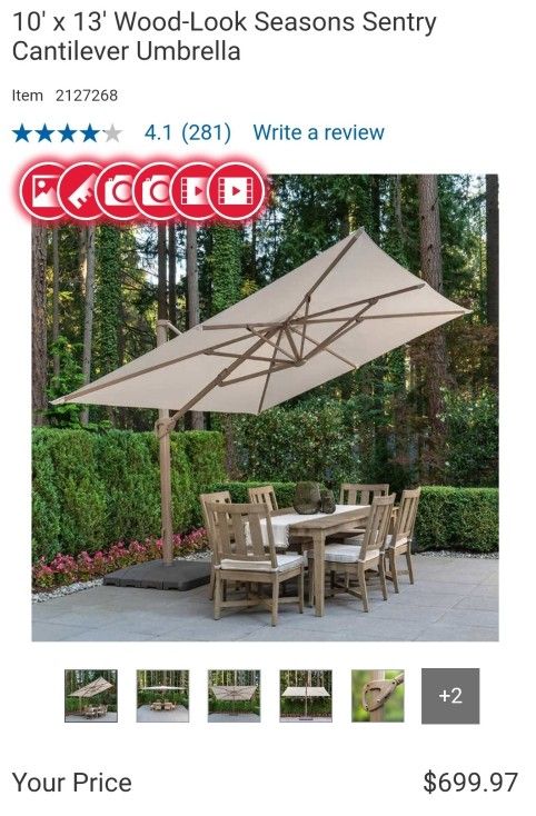 10' x 13' Wood-Look Seasons Sentry Cantilever Umbrella $350