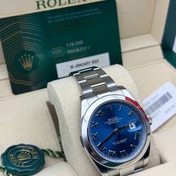 2022 Rolex Datejust 41mm stainless steel oyster bracelet smooth bezel blue Roman numeral stick dial 126300 watch card box booklets white tag full set