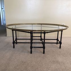 Vintage Large Baker Hollywood Regency Faux Bamboo Brass Glass Oval Cocktail Coffee Table