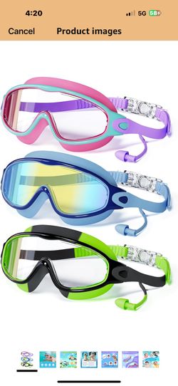 3 Pack Swimming Goggles, Kid Goggles with Earplugs Large Frame Anti-Fog/UV Wide View Swim Goggles Boys Girls 4-12