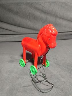 Vintage Red Plastic Horse Pull Toy 5 1/2" tall