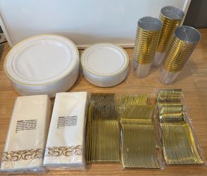 White & Gold Disposable Dinning Set for 50