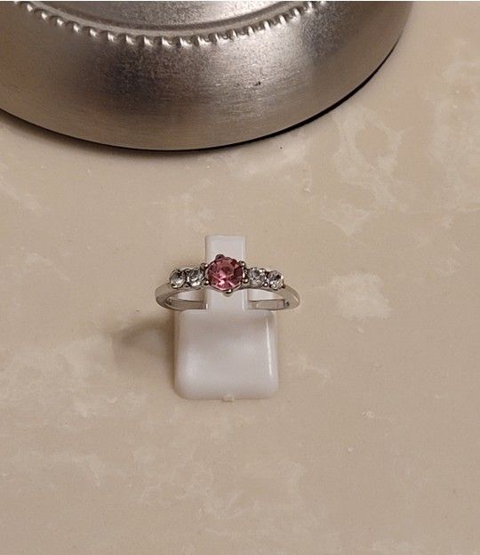 Silver CZ and Pink Sapphire Ring Size 6