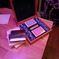 2 Stainless Steel Flasks And A Wooden Latched Box With Brand New Decks Of Cards And Pocket Chips All 3 New Items 
