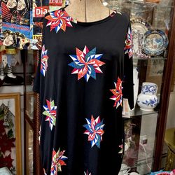 NWT Lula Roe Hi-low Black Super Relaxed Colorful Spirals Top Blouse Sz XS