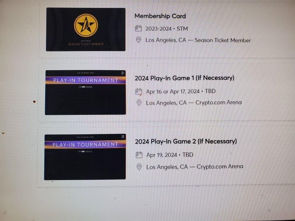 2 Lakers Play In Tickets Tournament Playoffs $170 Each FIRM