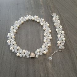 Costume Crystal And Pearl Necklace And Bracelet