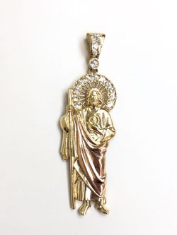 San Judas religious pendant with cubic zirconia 14k fine jewelry REAL GOLD.