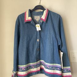 Tantrums Jacket Womens Small Denim Embroidered Button Up Long Sleeve Fall Floral